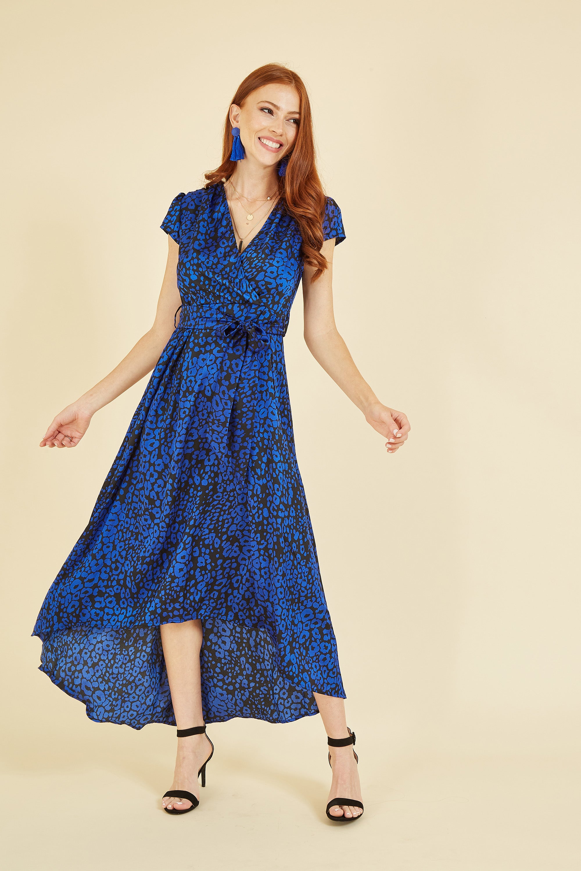 Mela London Blue Animal Print Dip Hem Midi Wrap Dress