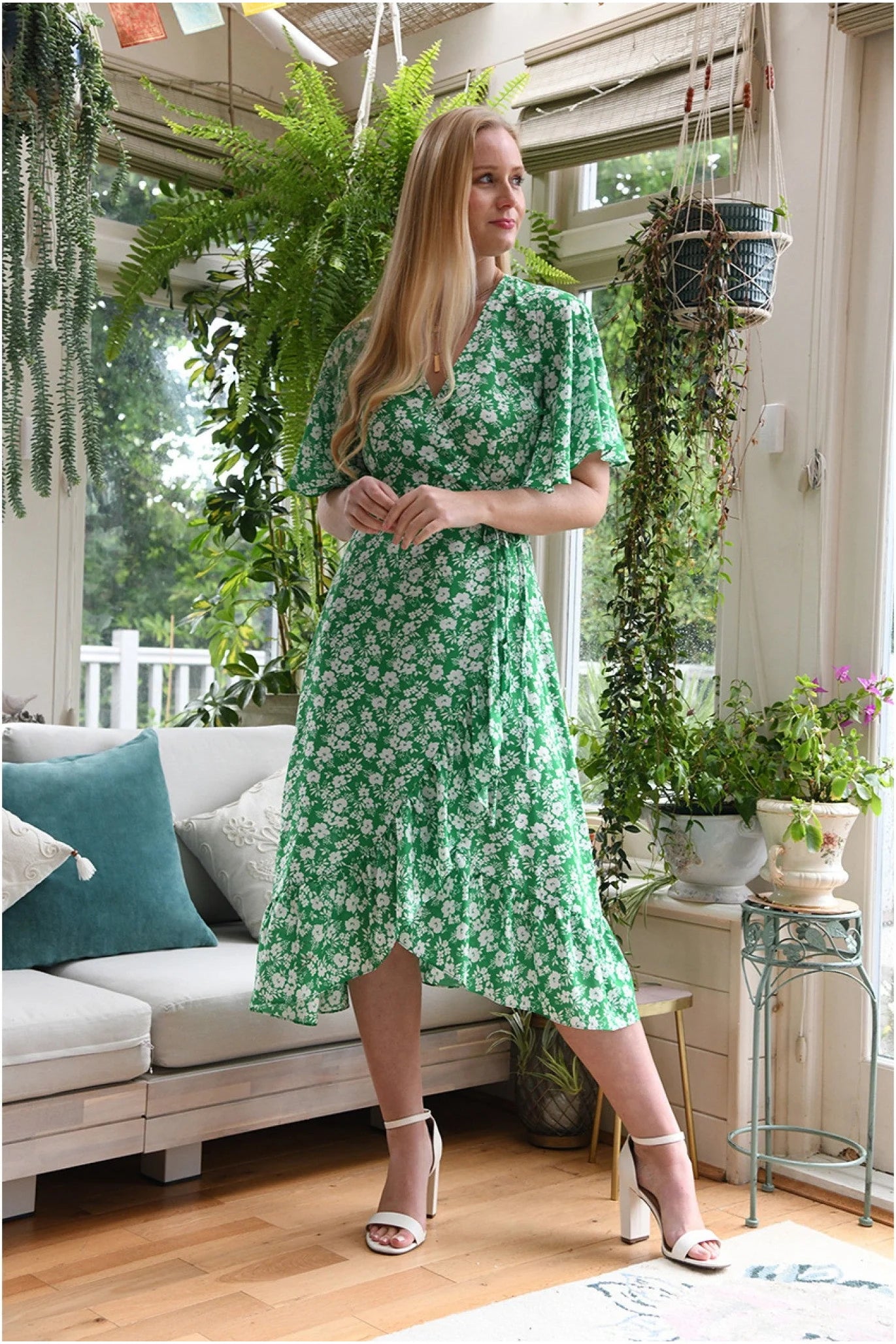 Mela London Green Ditsy Daisy Wrap Effect Frill Dress