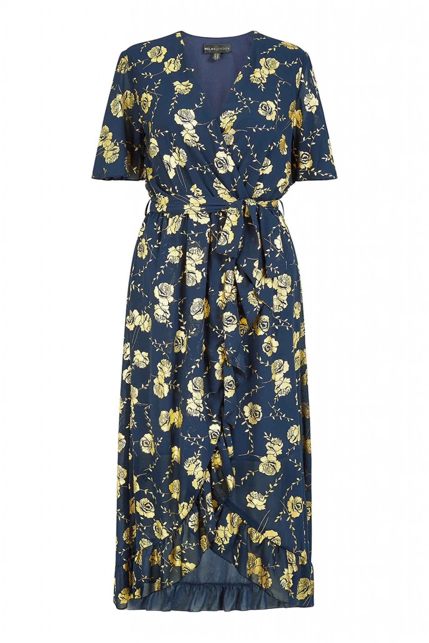 Mela London Navy Rose Foil Print Wrap Midi Dress