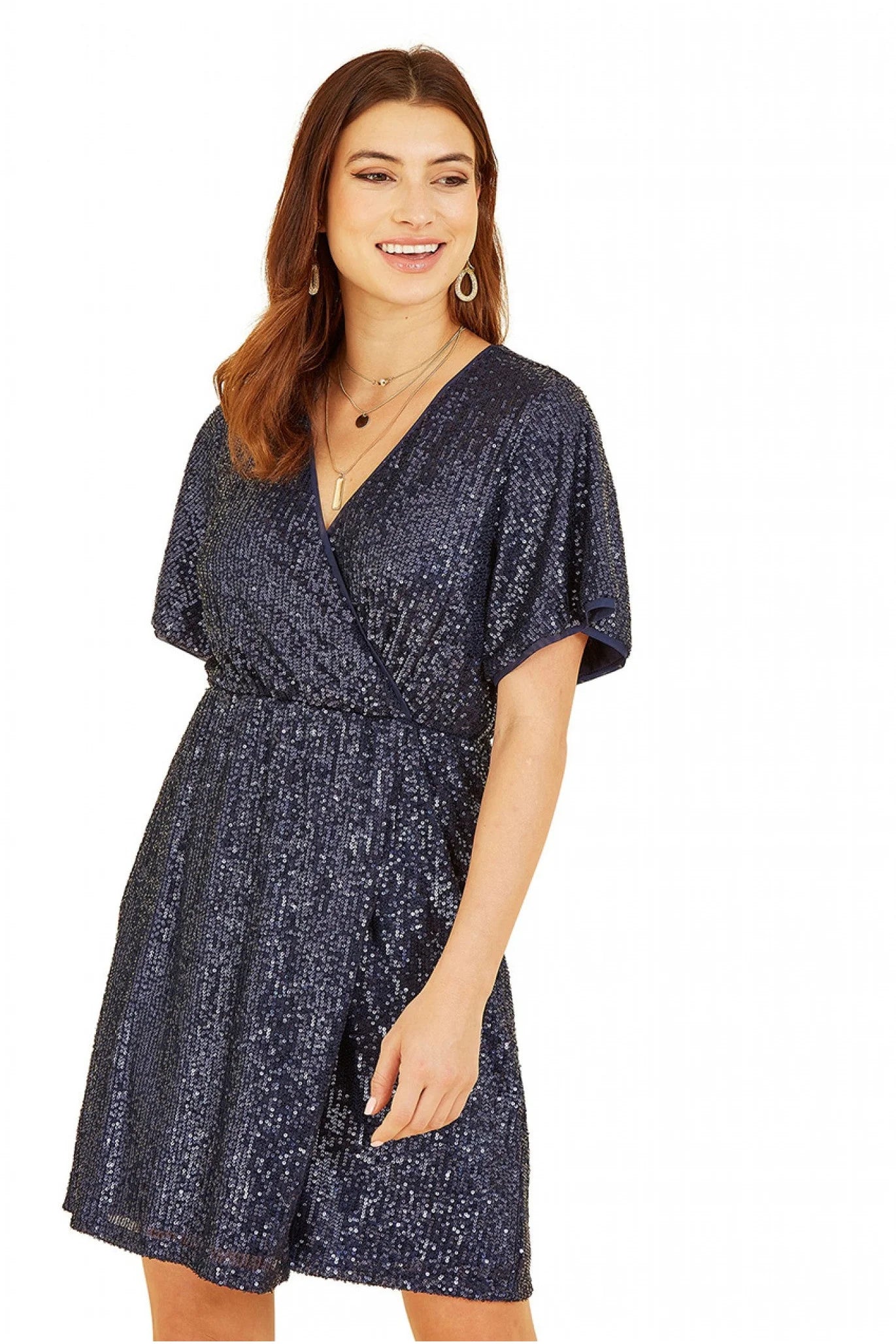 Mela London Navy Sequin Kimono Sleeve Wrap Dress