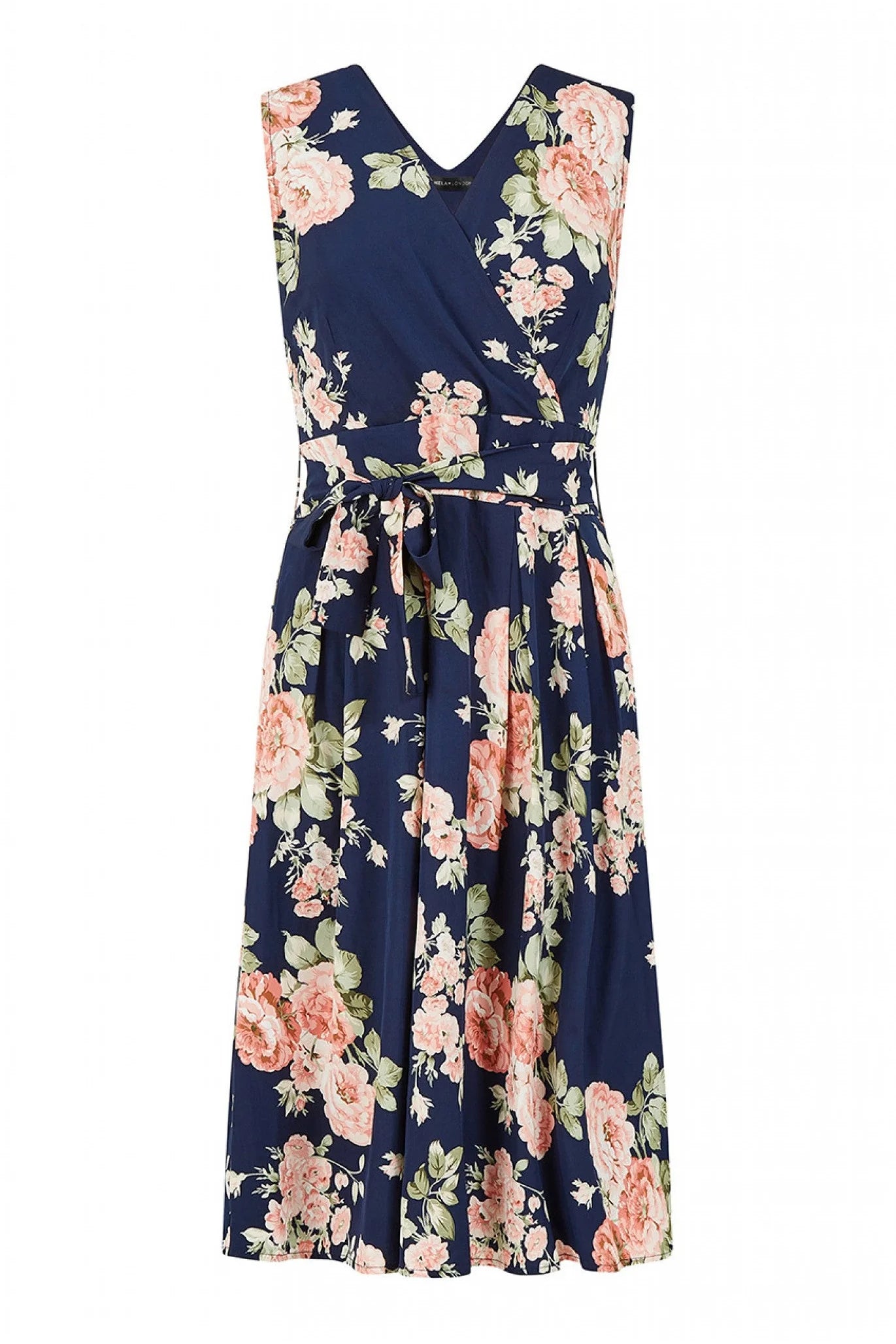 Mela London Rose Printed Wrap Over Sleeveless Skater Dress