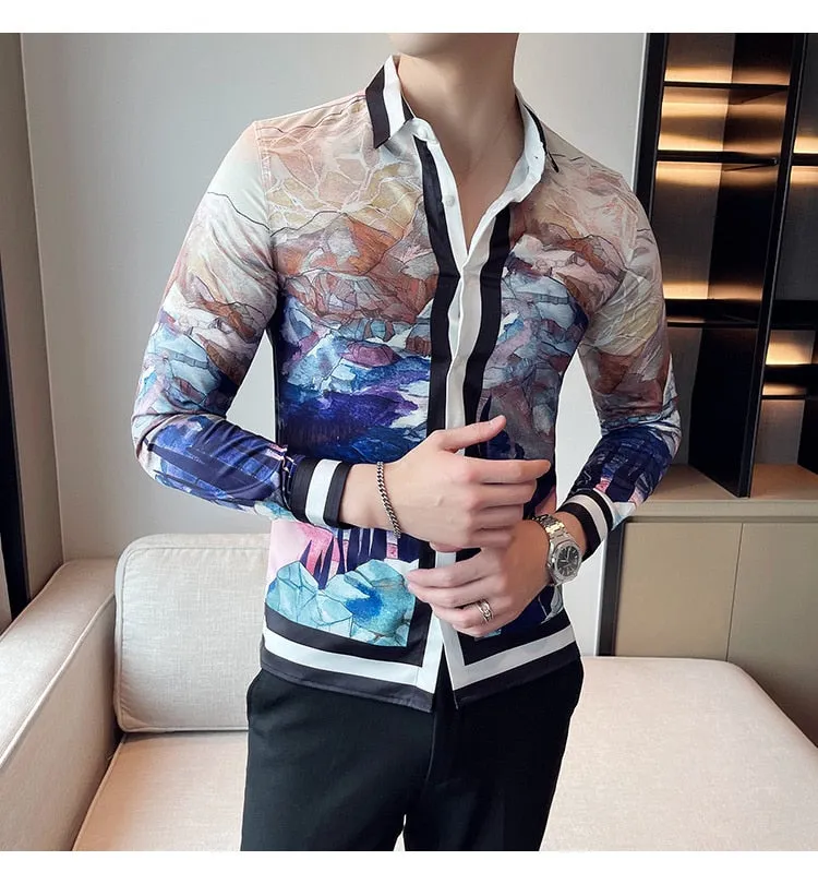 Men's Korean Fashion Autumn Luxury Printed Pattern Long Sleeve Shirt