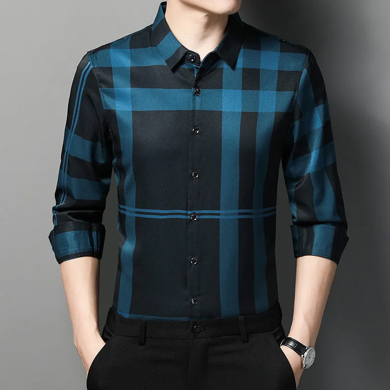 Men's Luxury Square Collar Striped Pattern Casual Style Long Sleeve Shirt