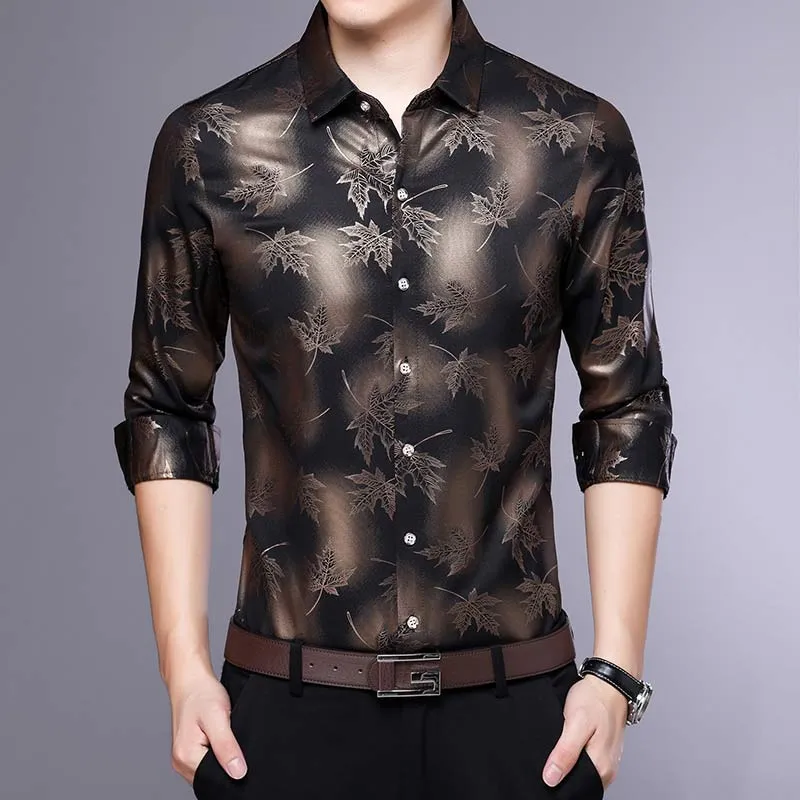 Men's Vintage Fashion Square Collar Maple Leaf Printed Long Sleeve Shirt