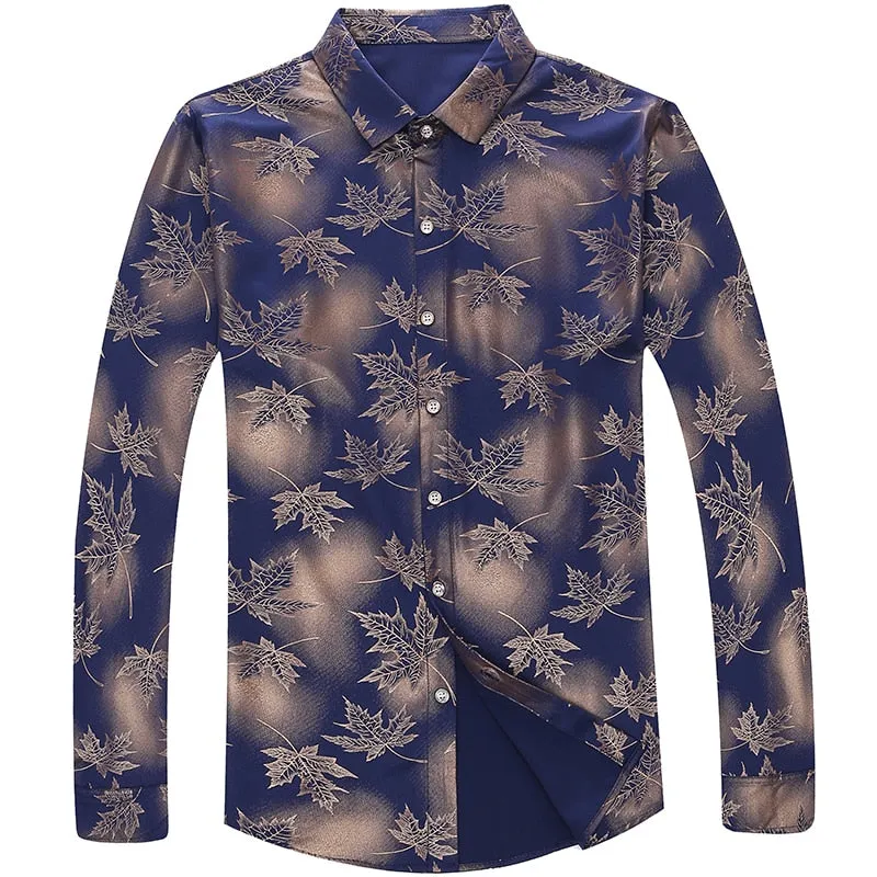 Men's Vintage Fashion Square Collar Maple Leaf Printed Long Sleeve Shirt