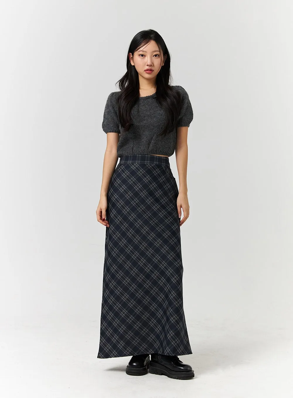 Mid Waist Check Pocket Zip Maxi Skirt CD328