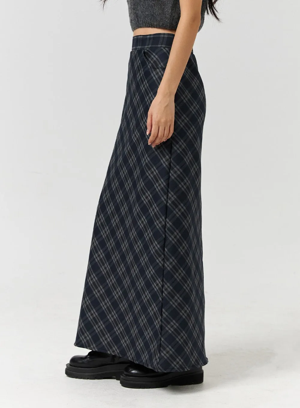 Mid Waist Check Pocket Zip Maxi Skirt CD328