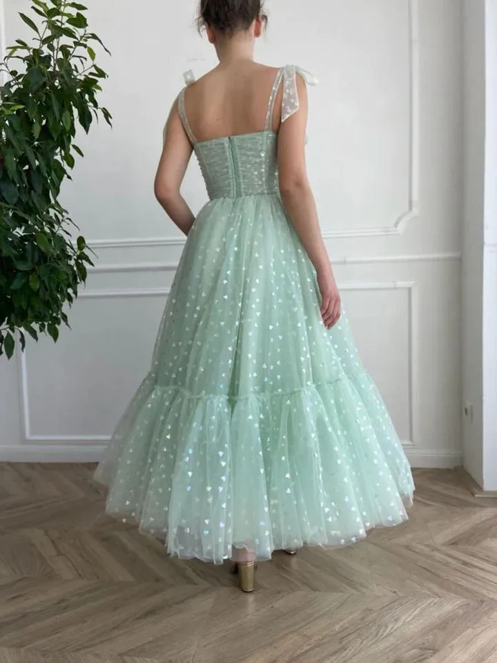 Mint Green Tulle Tea Length Prom Dress Wedding Reception Dress