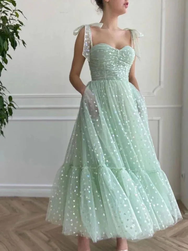 Mint Green Tulle Tea Length Prom Dress Wedding Reception Dress