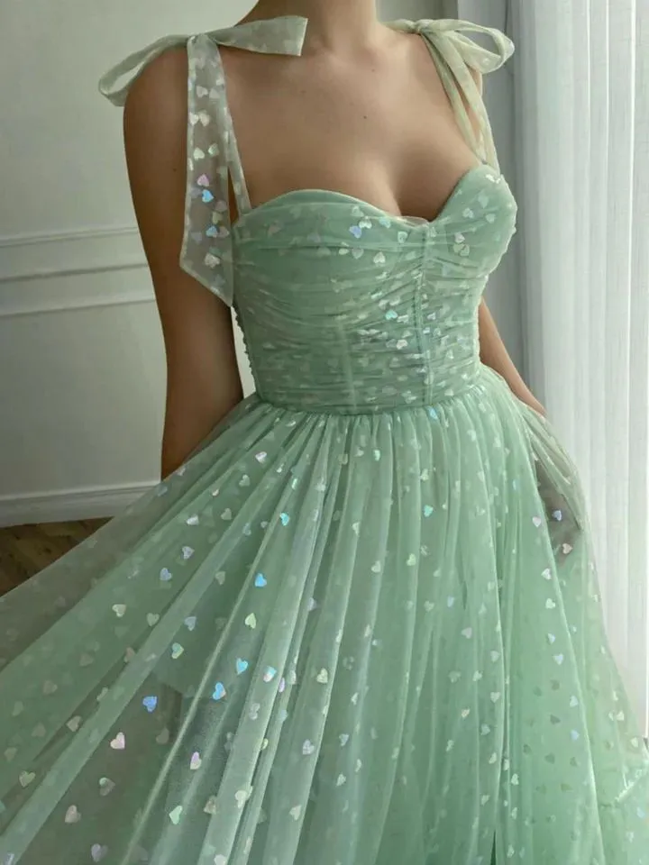 Mint Green Tulle Tea Length Prom Dress Wedding Reception Dress