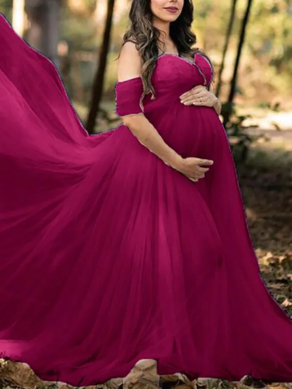 Momnfancy Grenadine Tulle Lace Off Shoulder Baby Shower Photoshoot Pregnant Maternity Maxi Dress