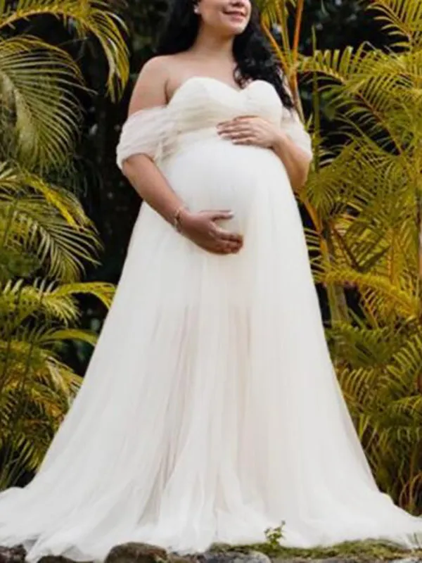 Momnfancy Grenadine Tulle Lace Off Shoulder Baby Shower Photoshoot Pregnant Maternity Maxi Dress