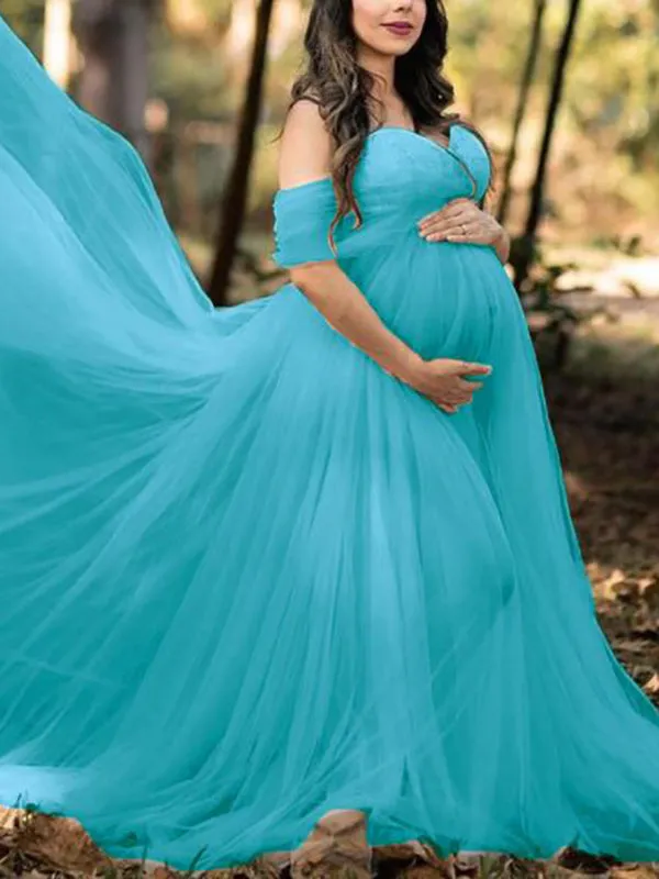 Momnfancy Grenadine Tulle Lace Off Shoulder Baby Shower Photoshoot Pregnant Maternity Maxi Dress