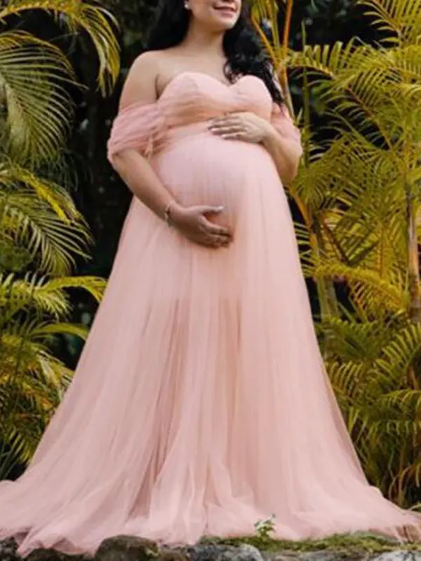 Momnfancy Grenadine Tulle Lace Off Shoulder Baby Shower Photoshoot Pregnant Maternity Maxi Dress