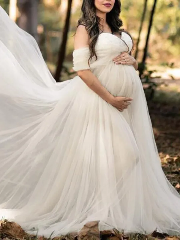 Momnfancy Grenadine Tulle Lace Off Shoulder Baby Shower Photoshoot Pregnant Maternity Maxi Dress