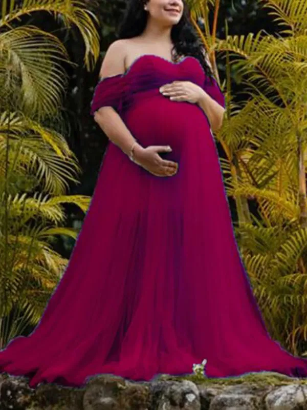 Momnfancy Grenadine Tulle Lace Off Shoulder Baby Shower Photoshoot Pregnant Maternity Maxi Dress