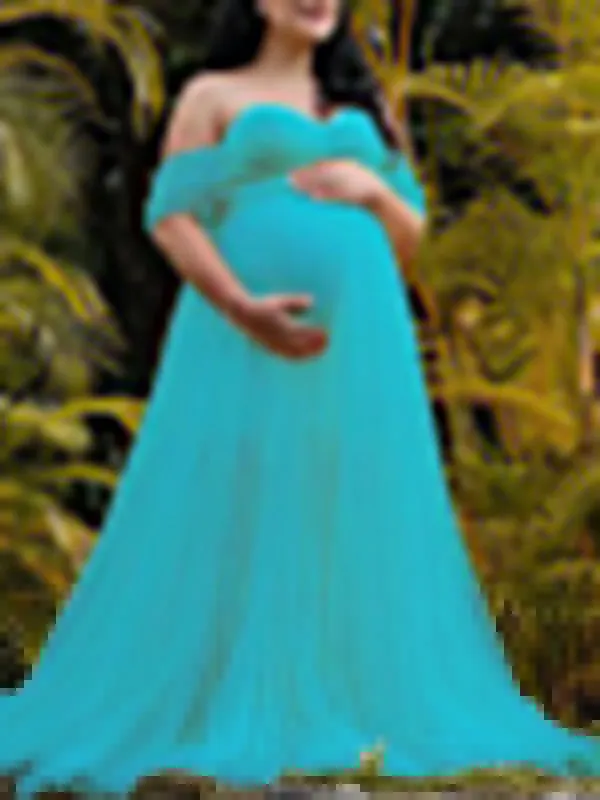 Momnfancy Grenadine Tulle Lace Off Shoulder Baby Shower Photoshoot Pregnant Maternity Maxi Dress