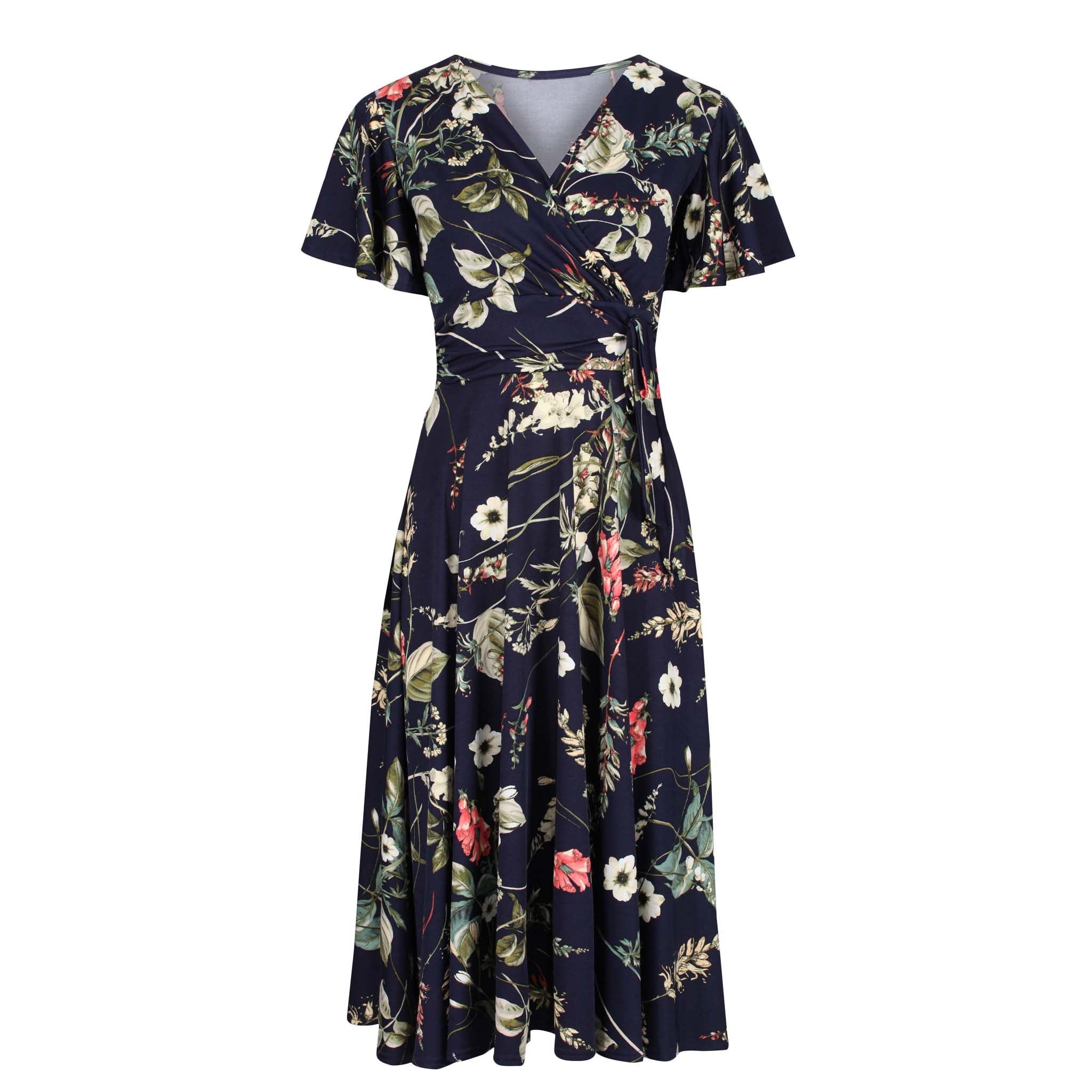 Navy Blue Floral Print Cap Sleeve V Neck Wrap Top Swing Dress