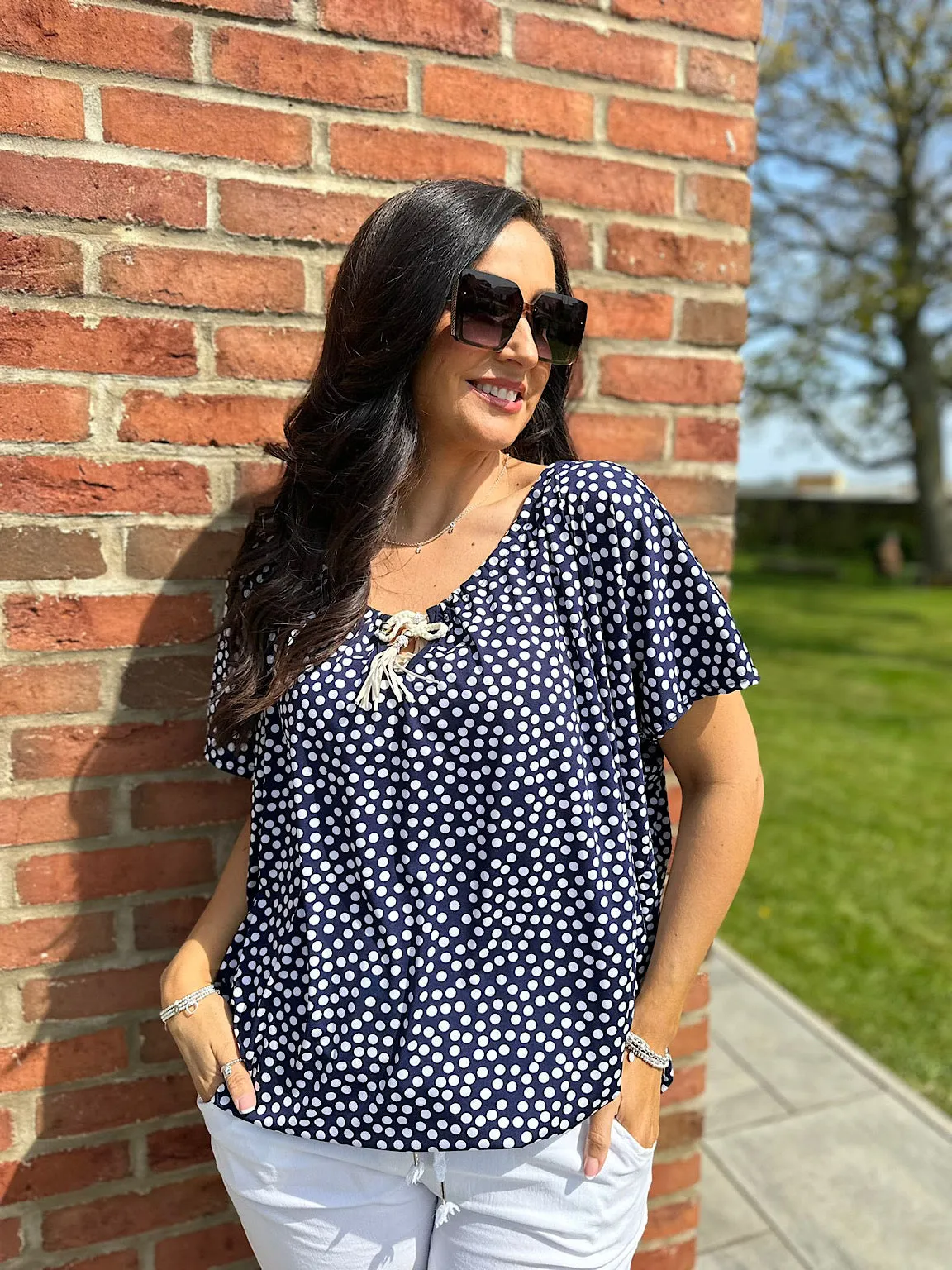 Navy Polka Dot Tassel Top Fran