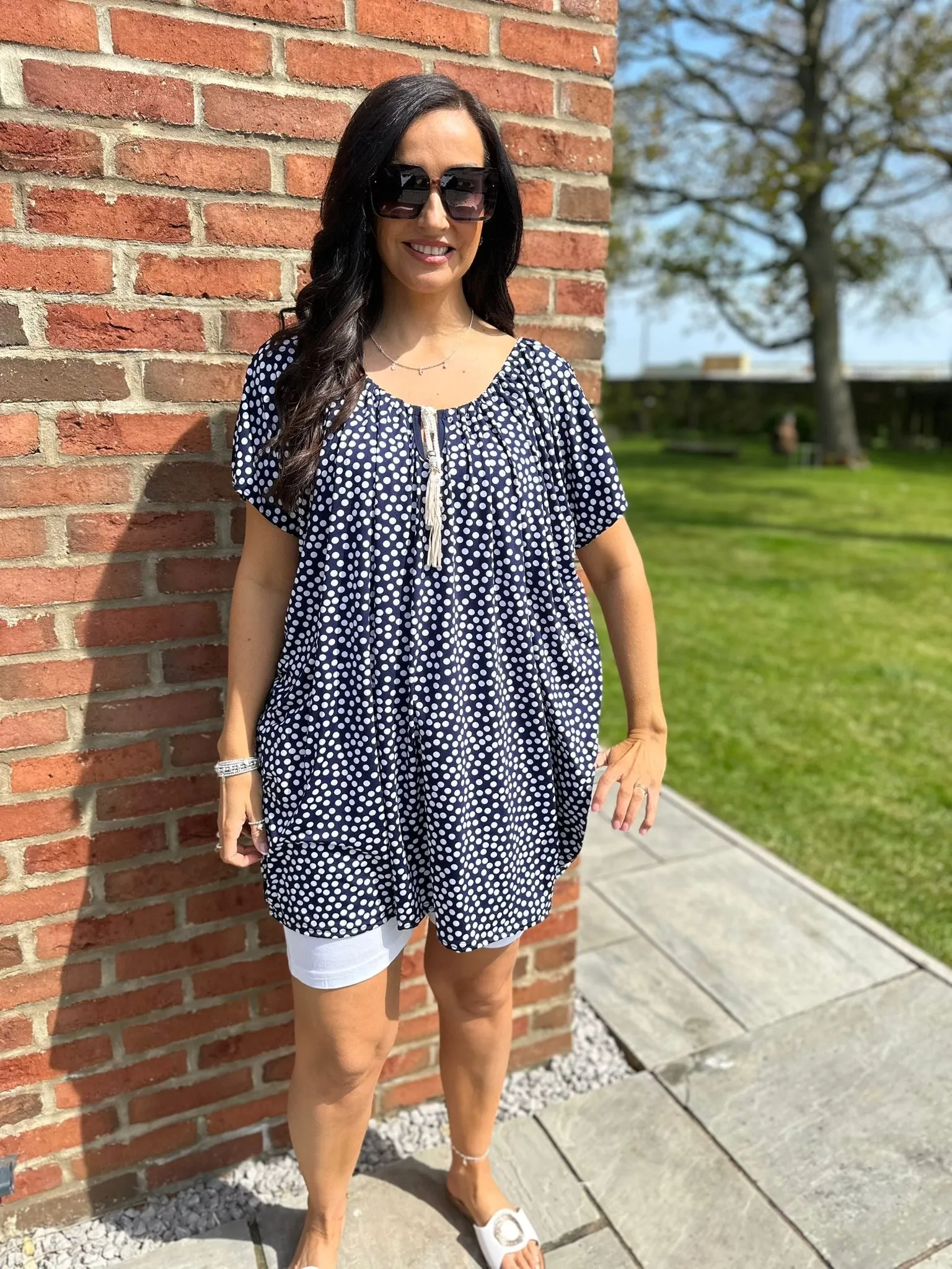 Navy Polka Dot Tassel Top Fran