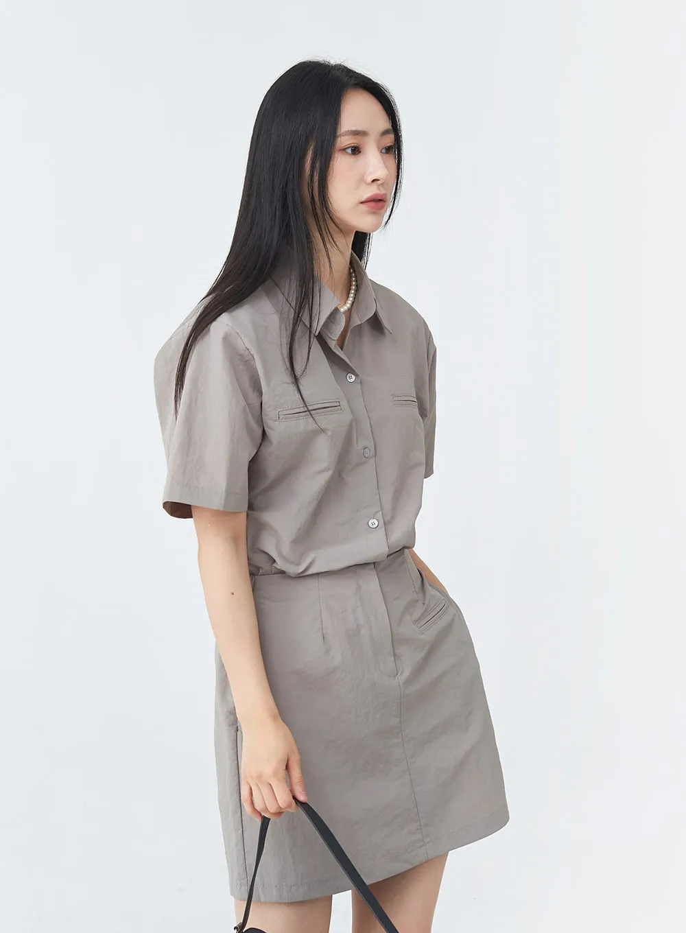 Nylon Set-up Skirt with Fake Pocket UU1407