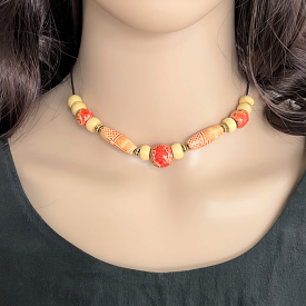 Orange and Beige Wood Beaded Choker