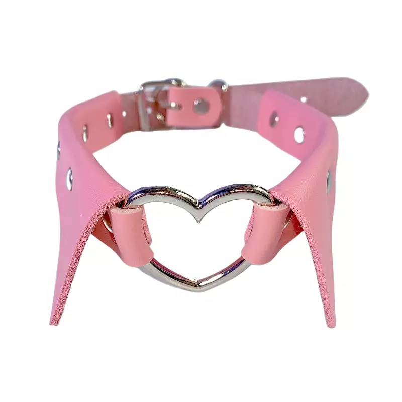 Pink Fake Collar Hollow SIiver Heart PU Choker ON789