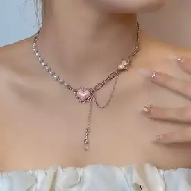 Pink Heart Drop Pearl Necklace