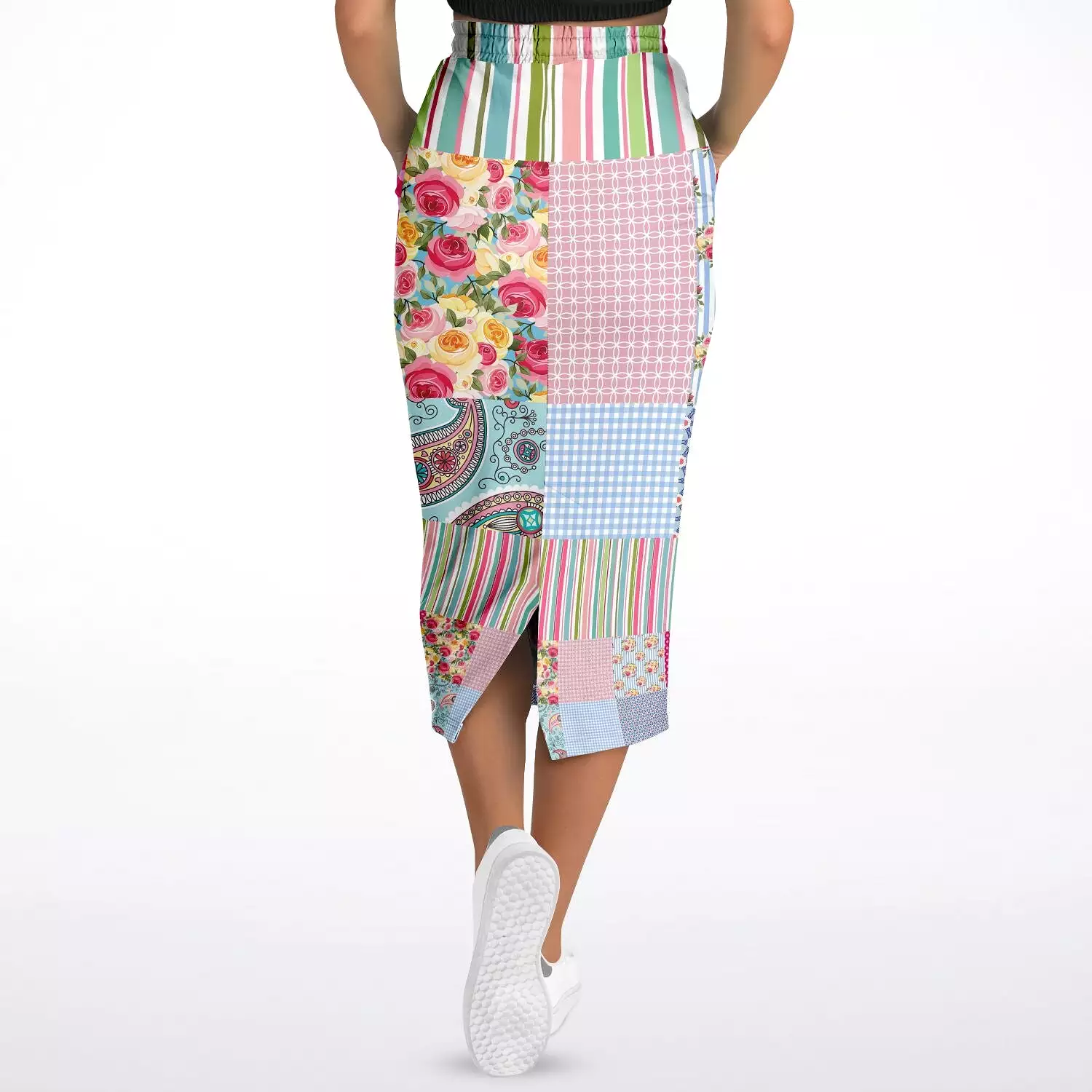 Pink Sherbert Floral Patchwork Plaid Eco-Poly Long Pocket Skirt