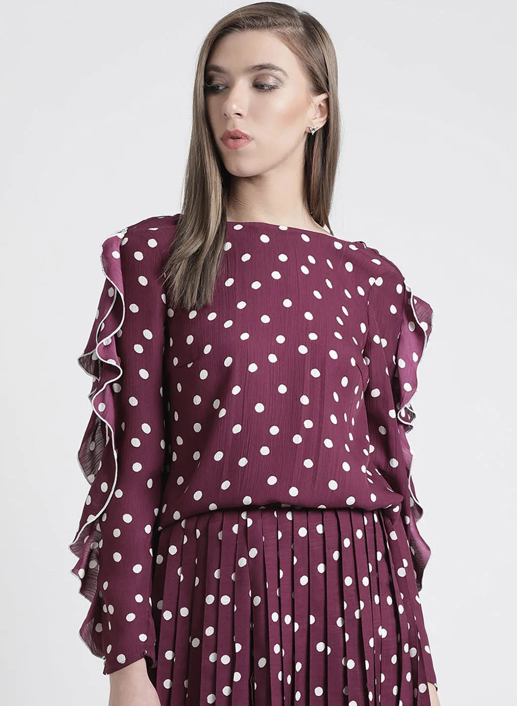 Polka Dot Top With Frills At Its Sleeves