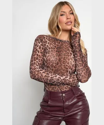 Public Desire Long Sleeve Mesh Bodysuit Leopard