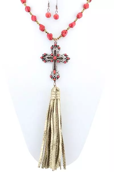 Red Cross Tassel Necklace & Earring Set