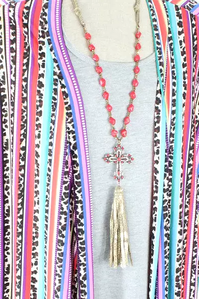 Red Cross Tassel Necklace & Earring Set