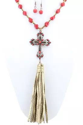 Red Cross Tassel Necklace & Earring Set