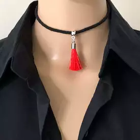 Red Tassel Choker with Black Cord