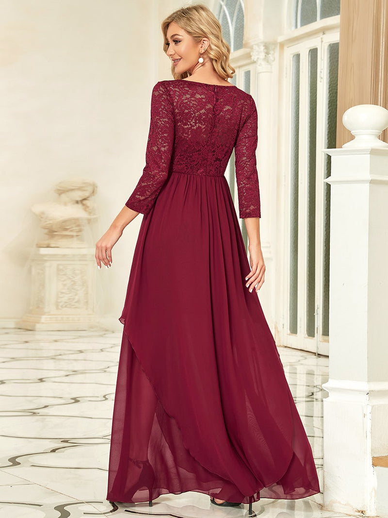 Round Neck Chiffon Dress With Long Lace Sleeves