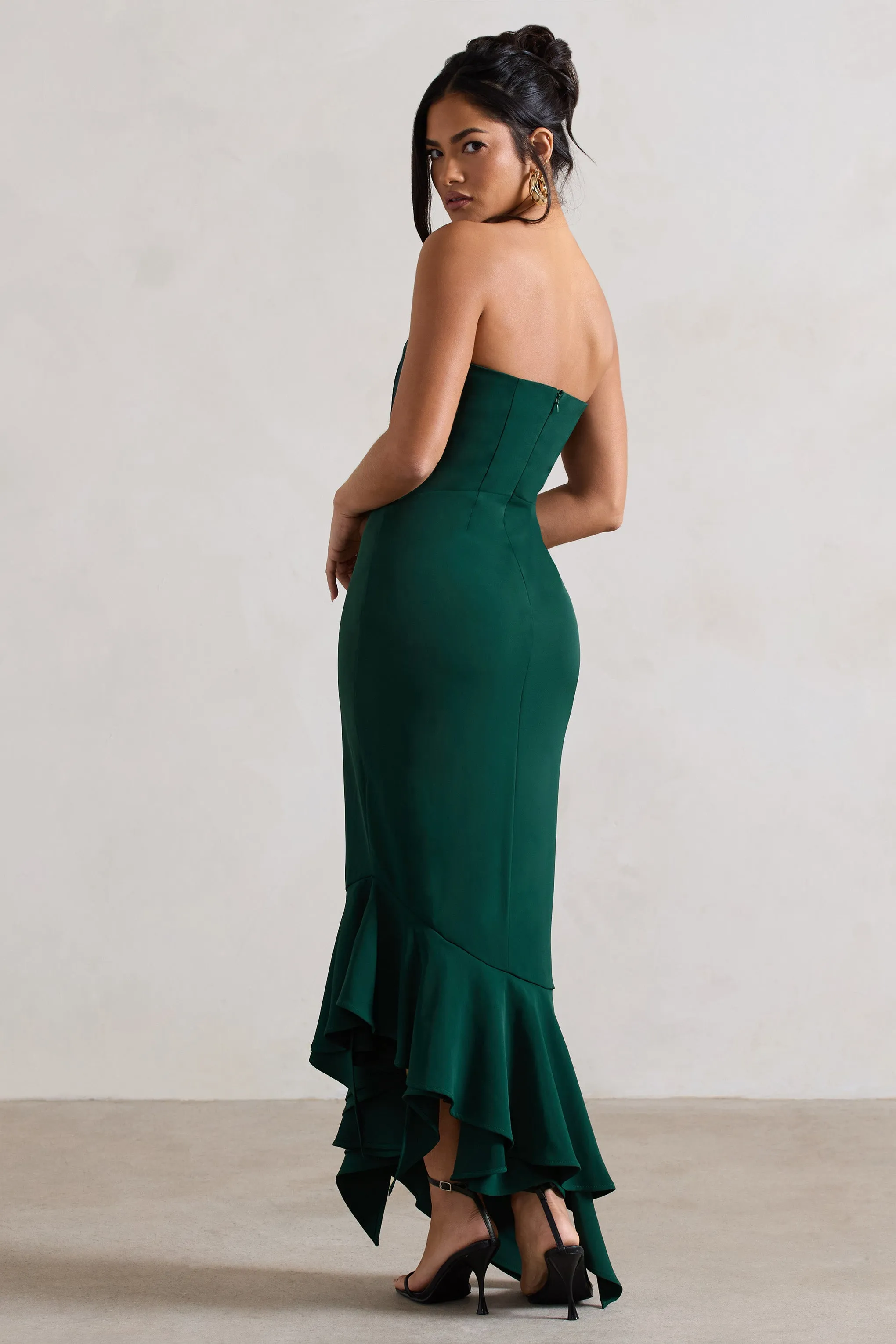 Sandy | Bottle Green Strapless Corset Asymmetric Maxi Dress