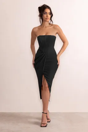 Saturn | Black Strapless Corset Wrap Front Midi Dress