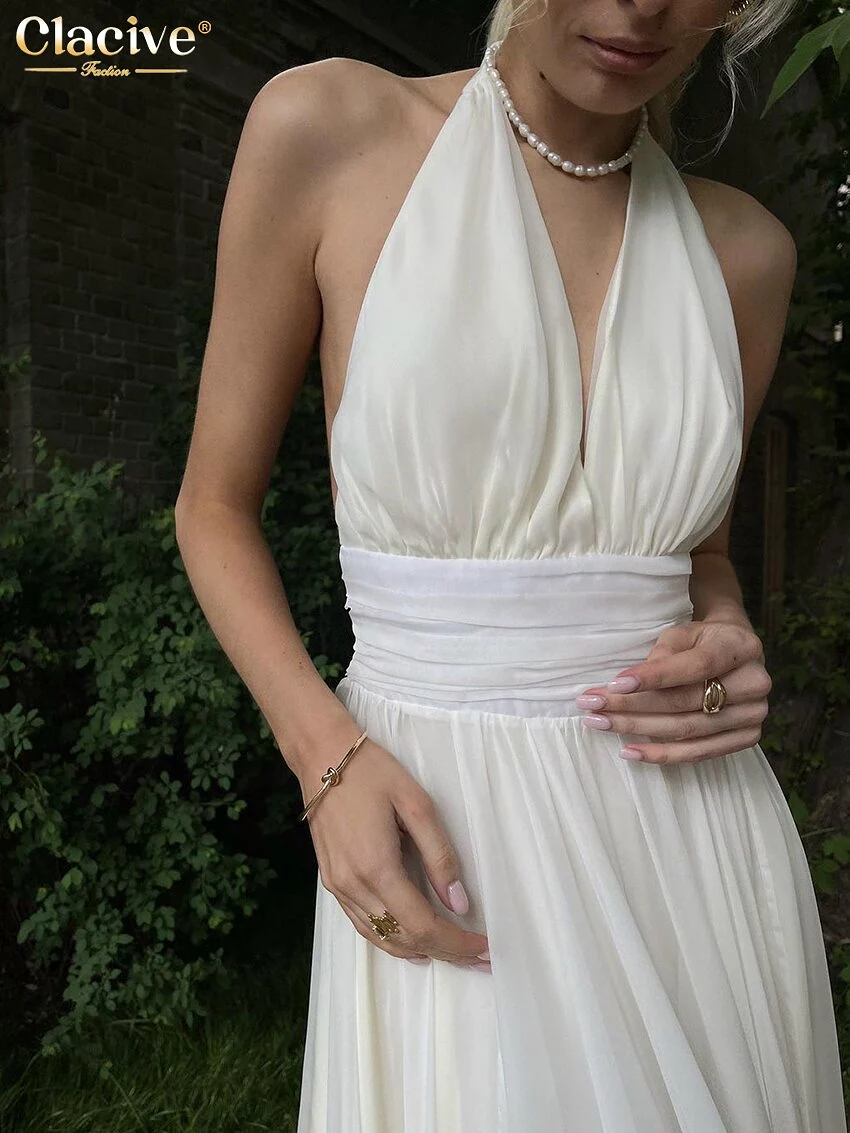 Sexy Loose White Women Dress 2023 Summer Halter Sleeveless Ankle-Length Dress Elegant High Waist Backless Party Dresses