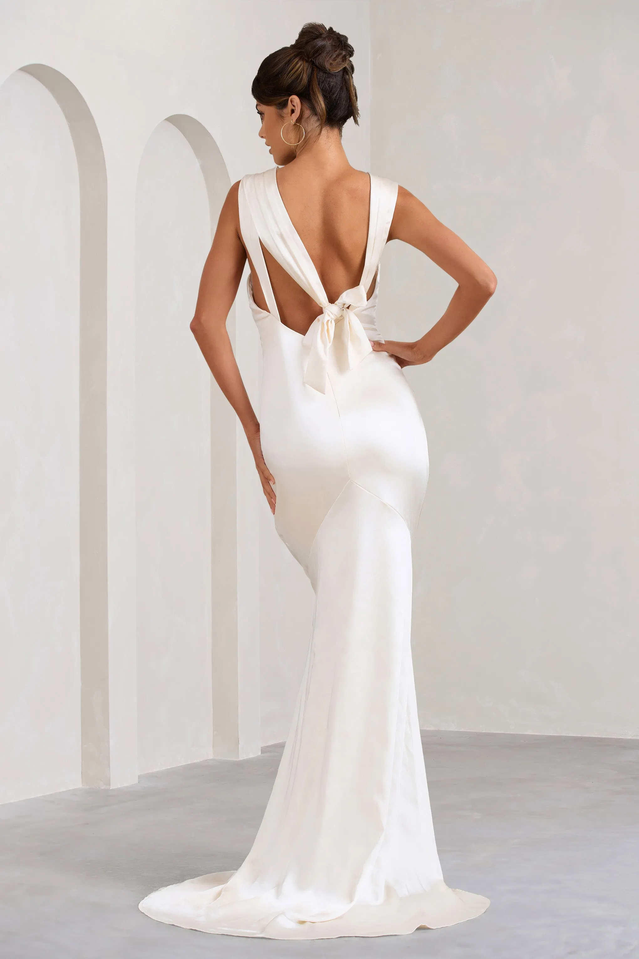 Showpiece | Cream Satin Corset Split Maxi Dress