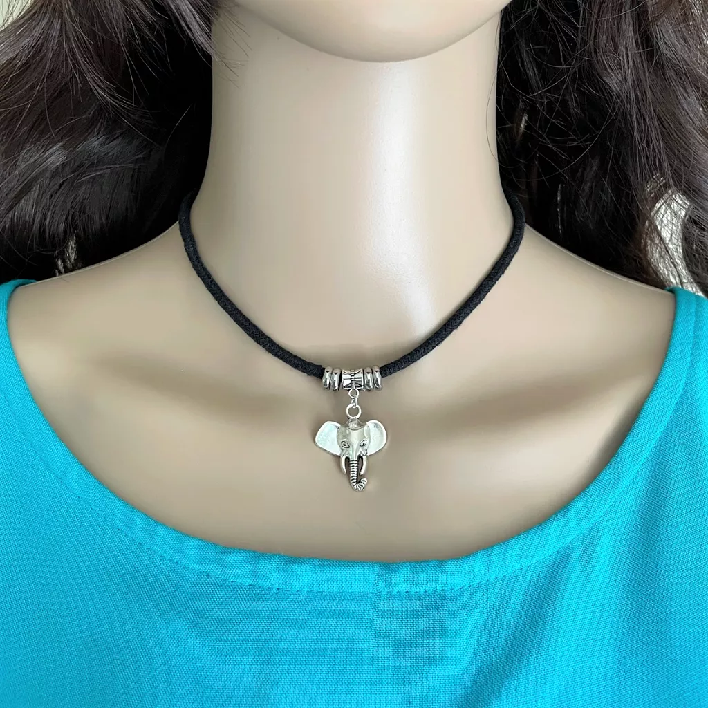 Silver Elephant Choker On Black Cord