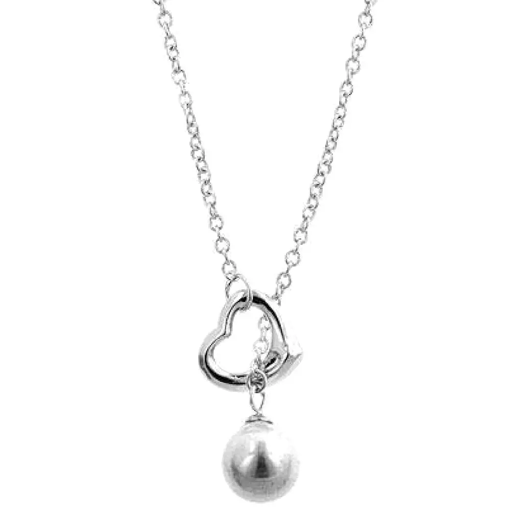 Silver Heart and Pearl Drop Lariat Necklace