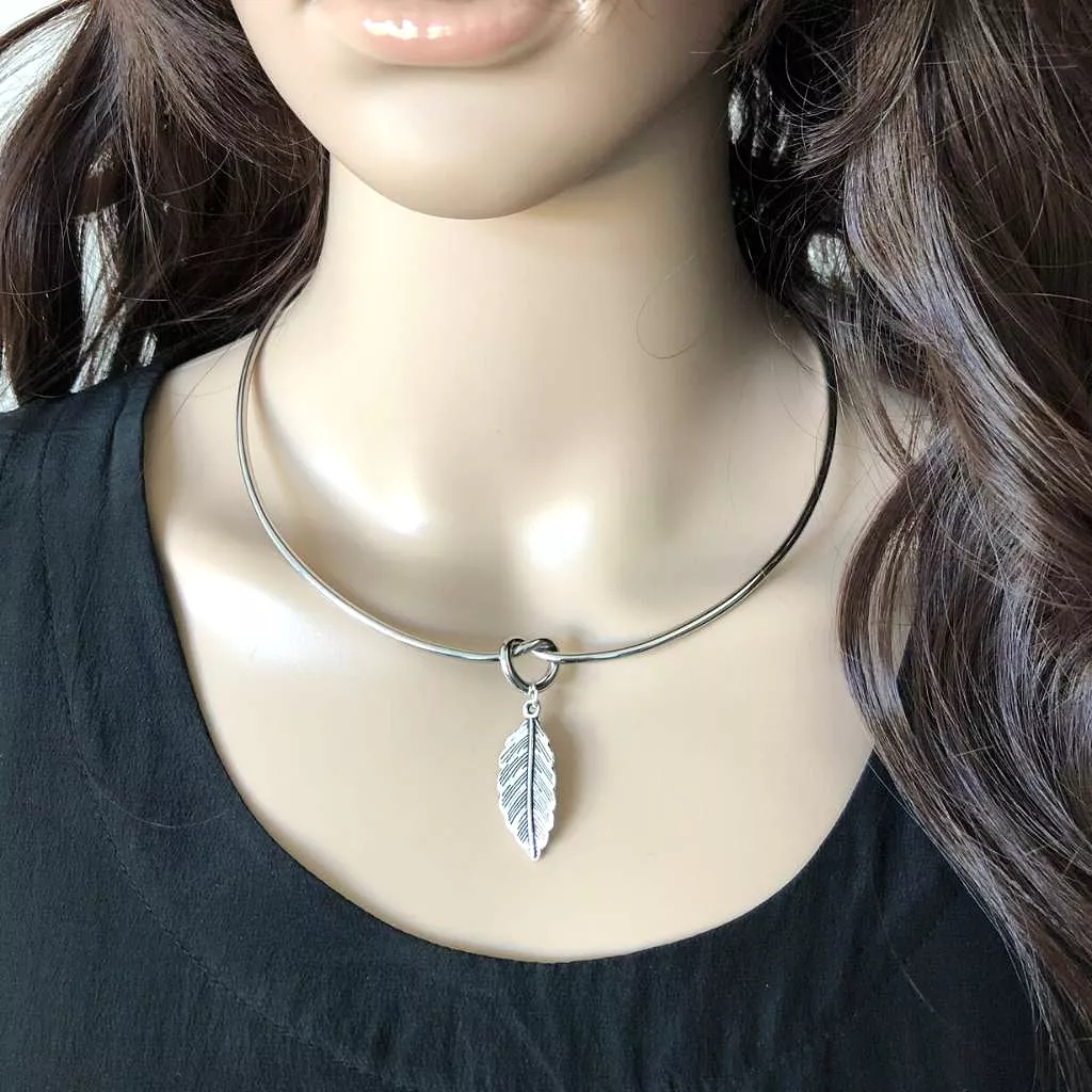 Silver Leaf Charm on Metal Choker