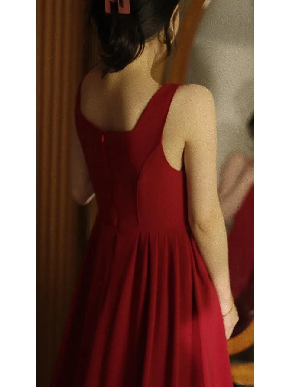 Simple Burgundy 50s tea length Dress