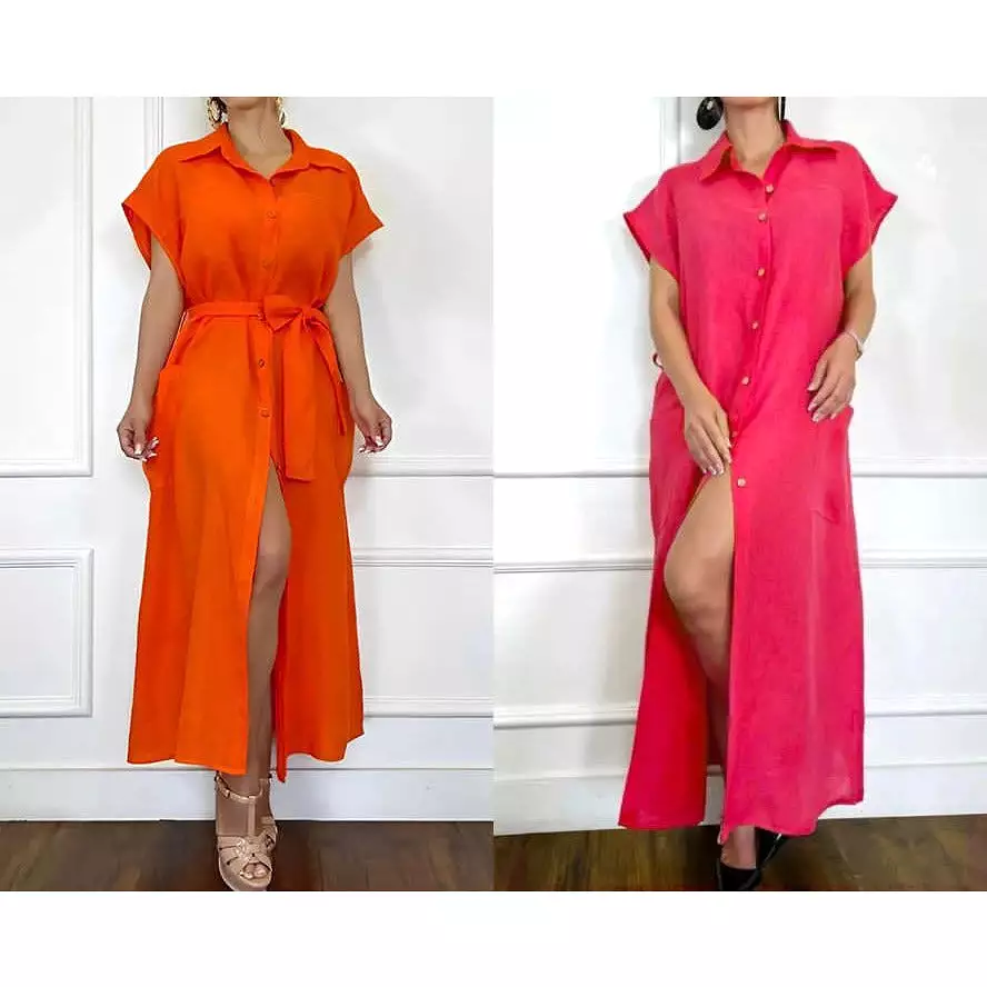 Solid Colour Single Breasted Sexy Slit Mid Length Dress