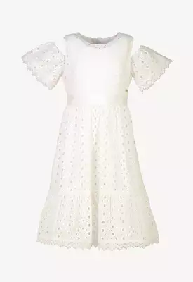 Solid Tier Geometric Lace Cold Shoulder Dress