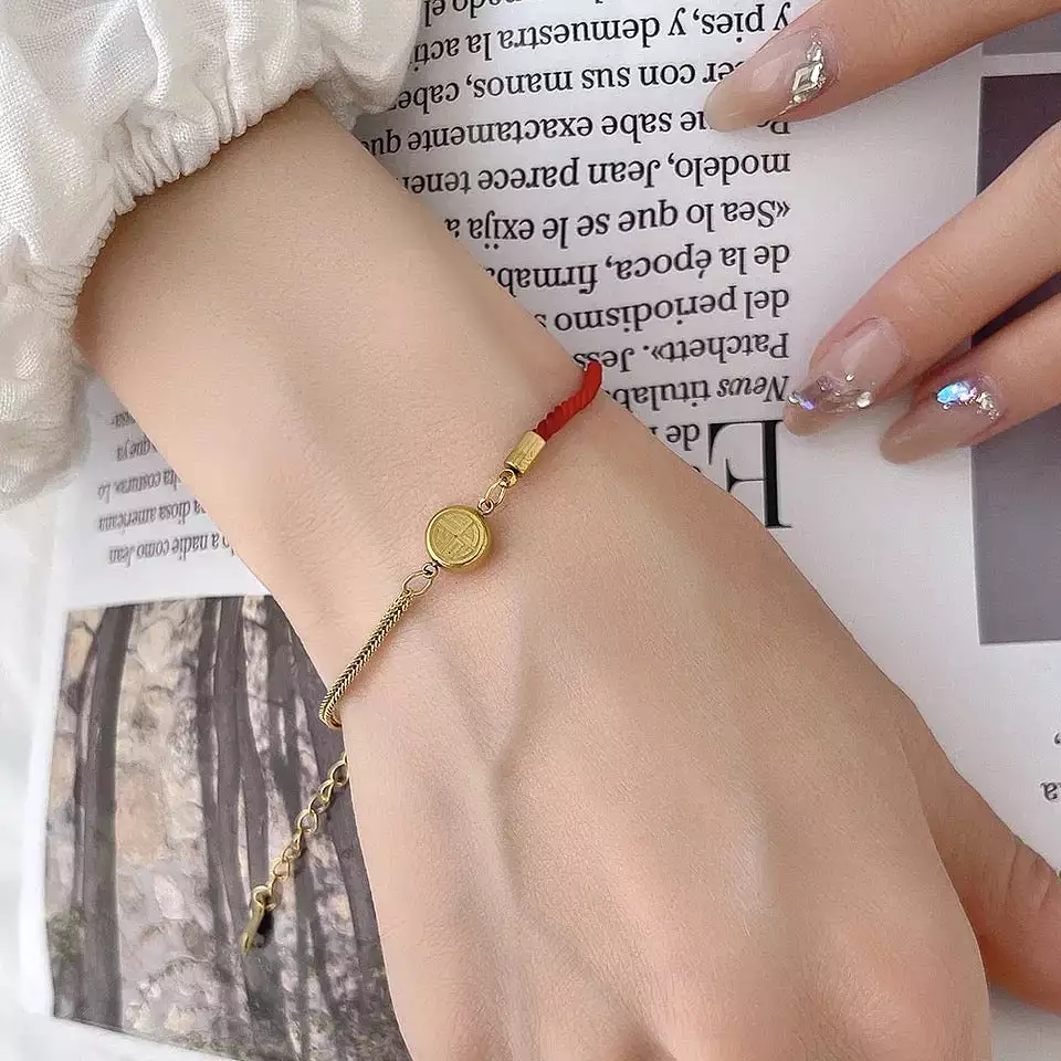 Stainless Steel Blessing Red Rope Bracelet For Women Girls Gold Color Exquisite Chinese Style