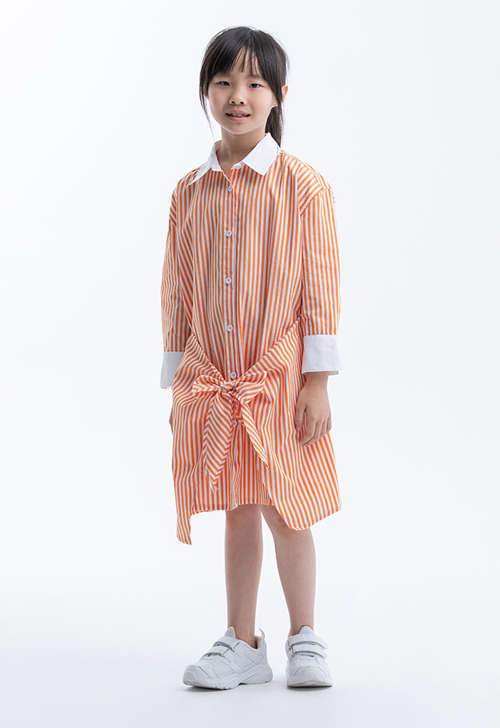 Striped Sleeved Collared Wrap Shirt Dress