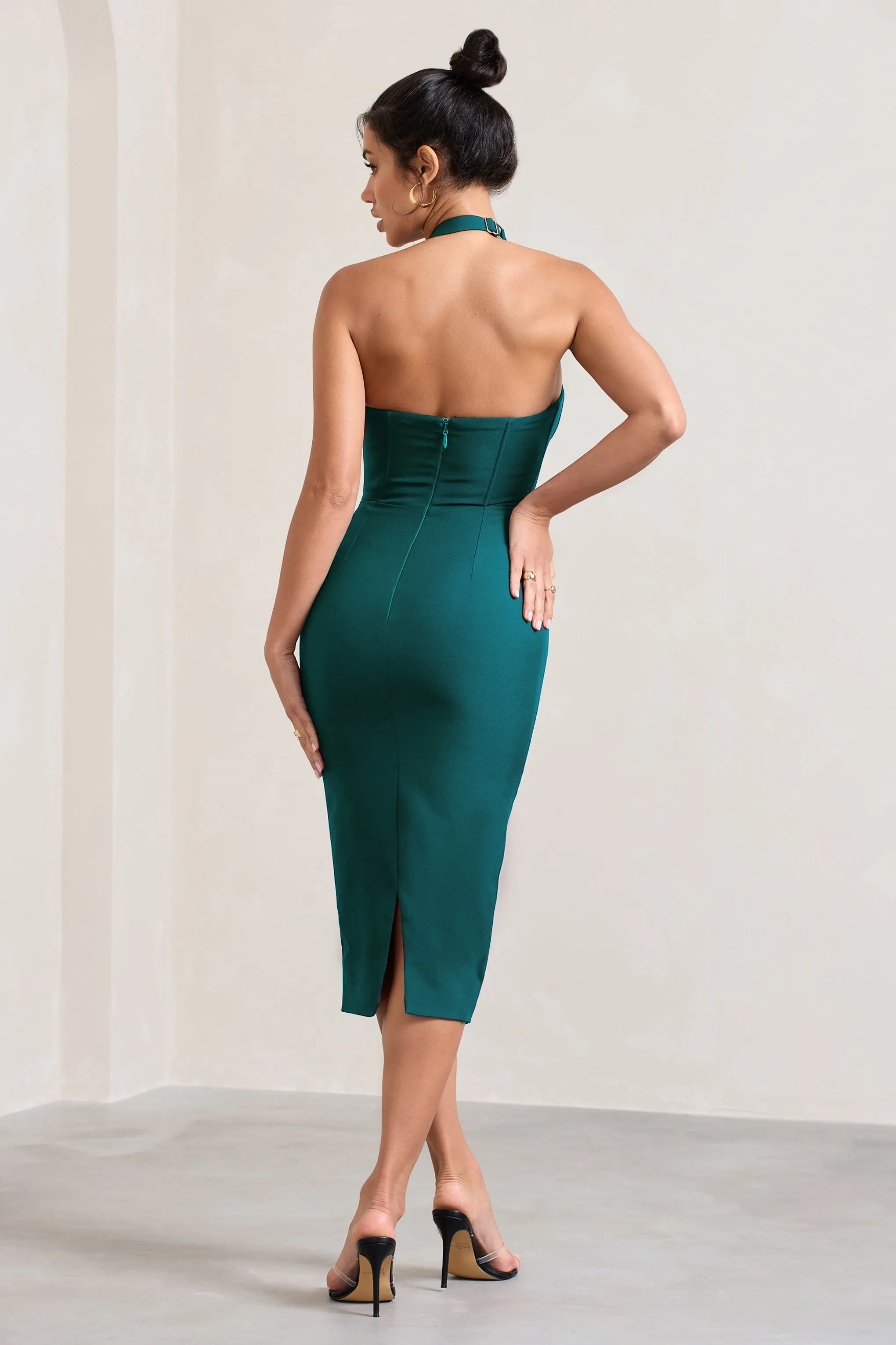 Supermodel | Bottle Green Halter-Neck Corset Midi Dress