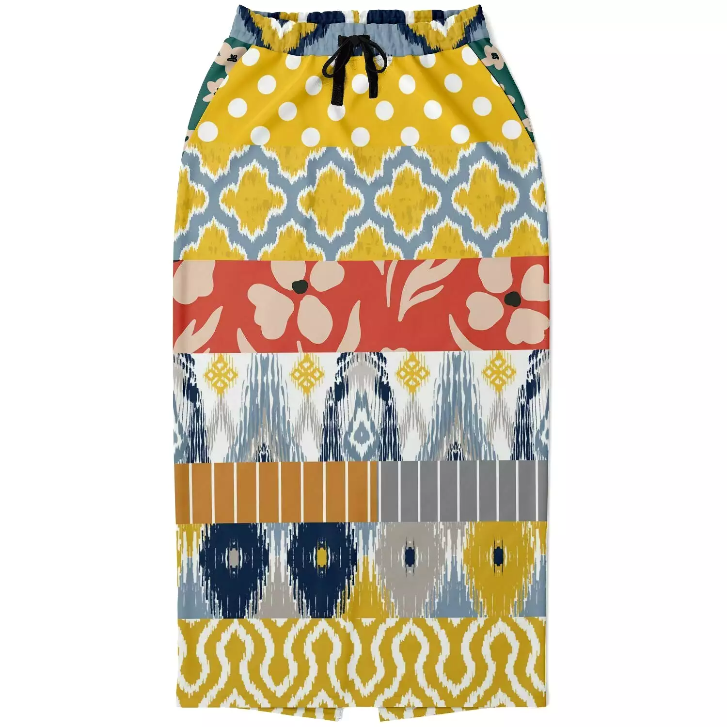 Tallulah Bankhead Yellow Ikat Patchwork Eco-Poly Long Pocket Skirt